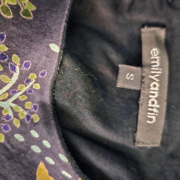Emily and Fin modest navy blue with colorful tree printed cotton dress. Size S. - Picture 5 of 6